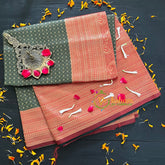 Forest Green with Red Border Silk Saree- Litchi Silk Saree -VS014
